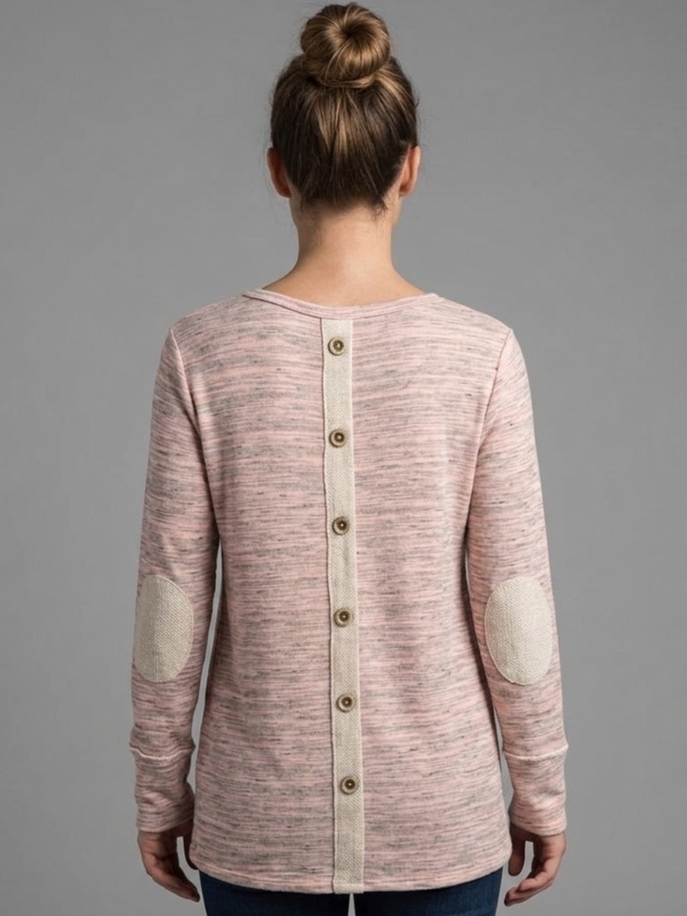 Pink And Grey Heathered Sweater with Back Buttons and Elbow Patches